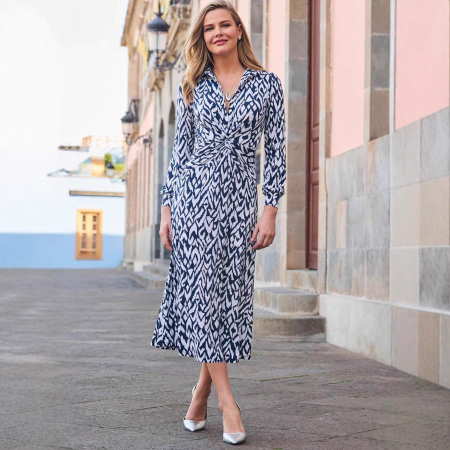 Abstract Print Long Sleeve Twist Front Midi Dress 2