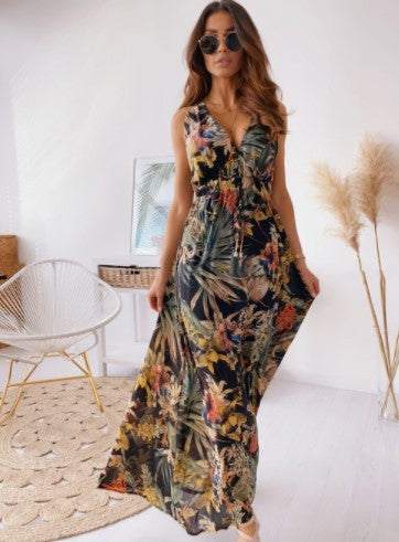 Tropical Print Deep V-Neck Sleeveless Elastic Waist A-Line Maxi Dress
