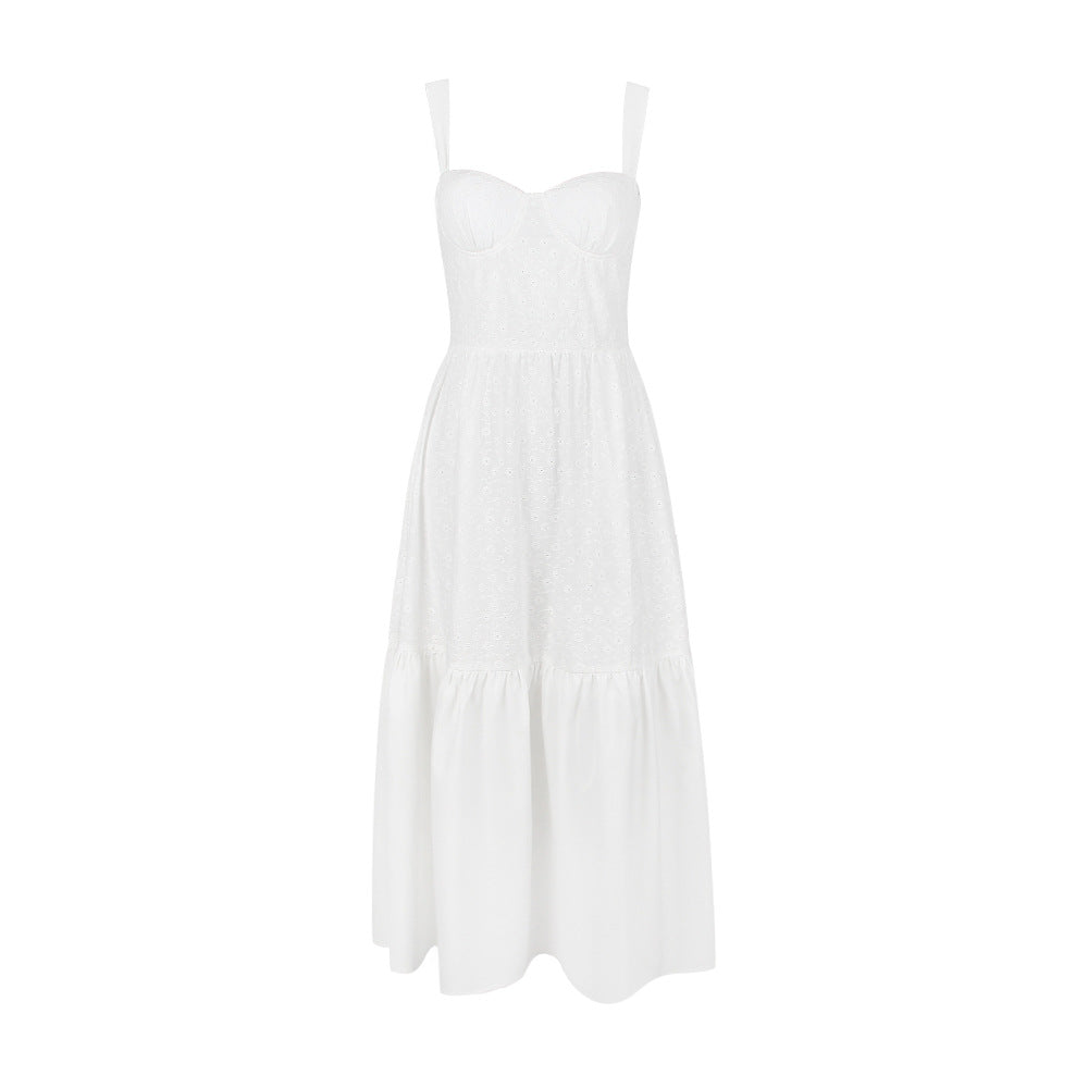 Eyelet Bustier Square Neck Wide Strap Tiered Ruffle Midi Dress
