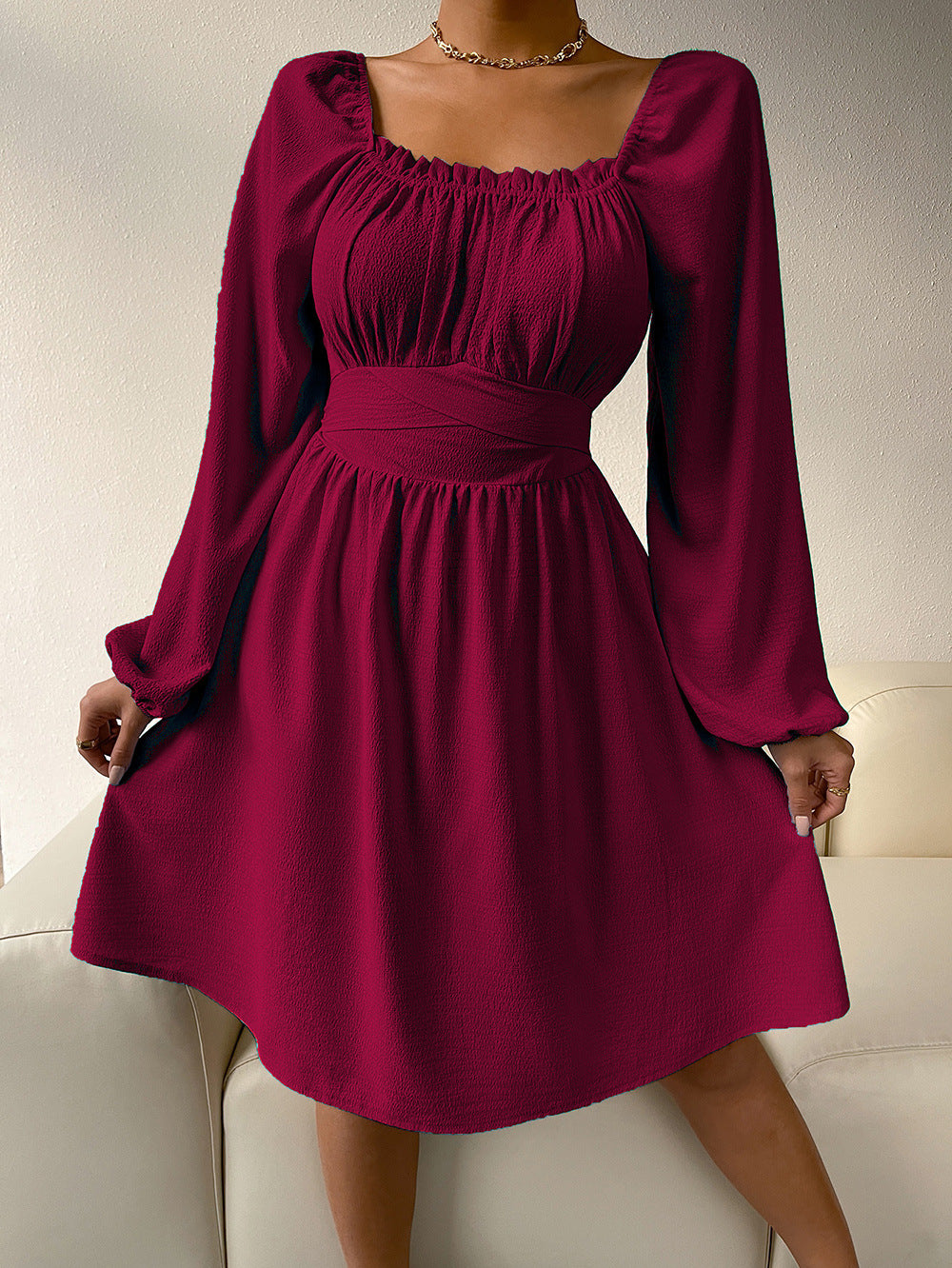 Textured Square Neck Long Sleeve Frill Trim Wrap Waist A-Line Mini Dress 6