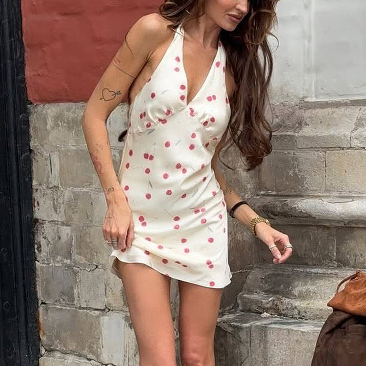 Sexy Backless Halter Dress Women Digital Printed Sleeveless Deep V Plunge neck High Waist Hip Dress