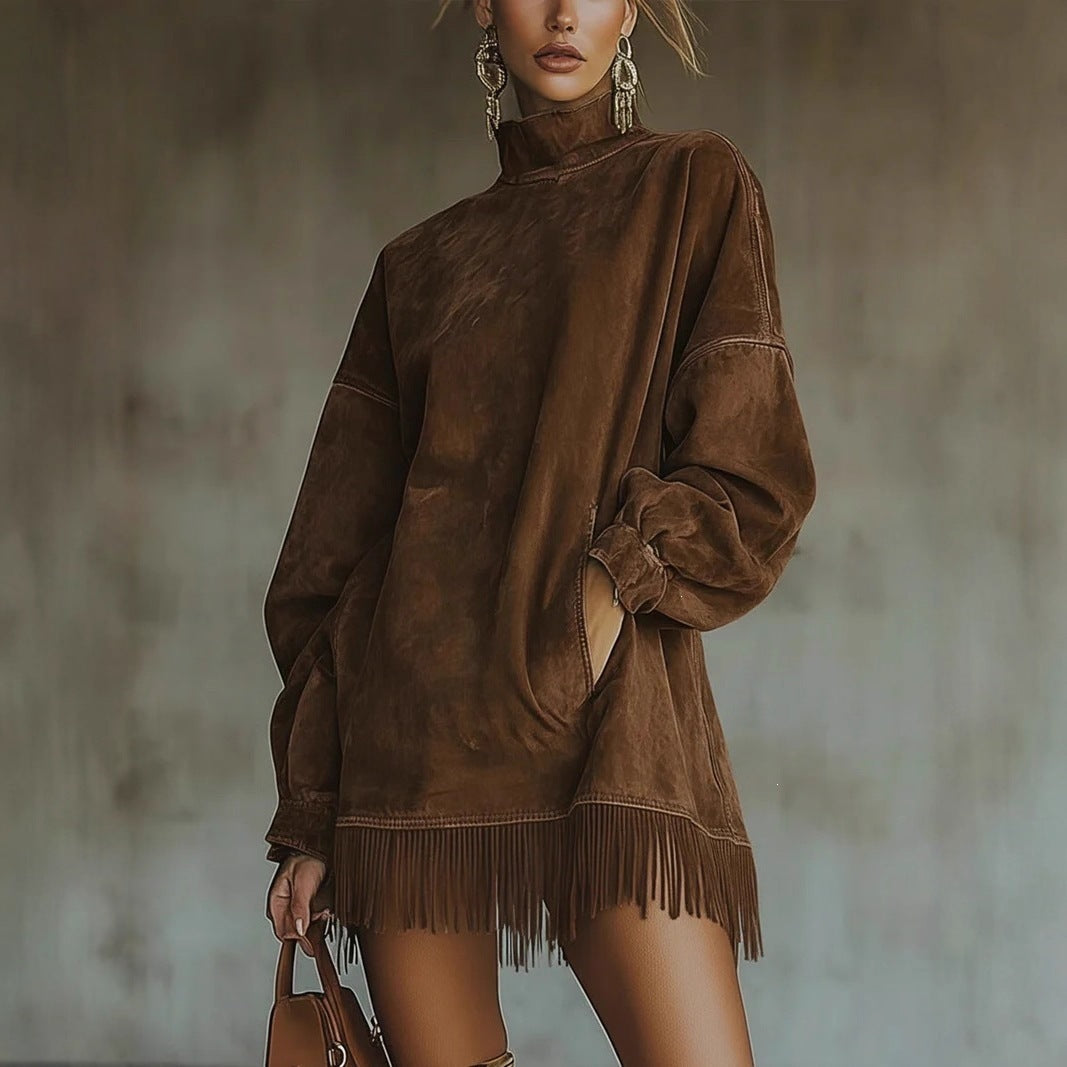 Suede Look Mock Neck Long Sleeve Fringe Hem Oversized Sweatshirt Mini Dress 8