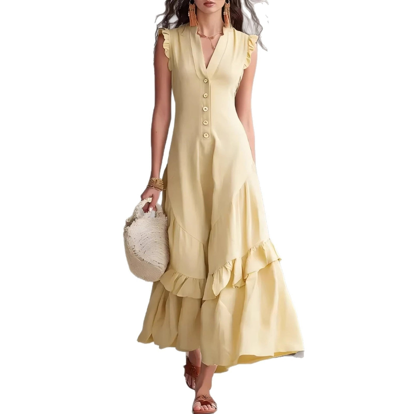 V-Neck Ruffle Sleeve Button Front Tiered Maxi Dress 5