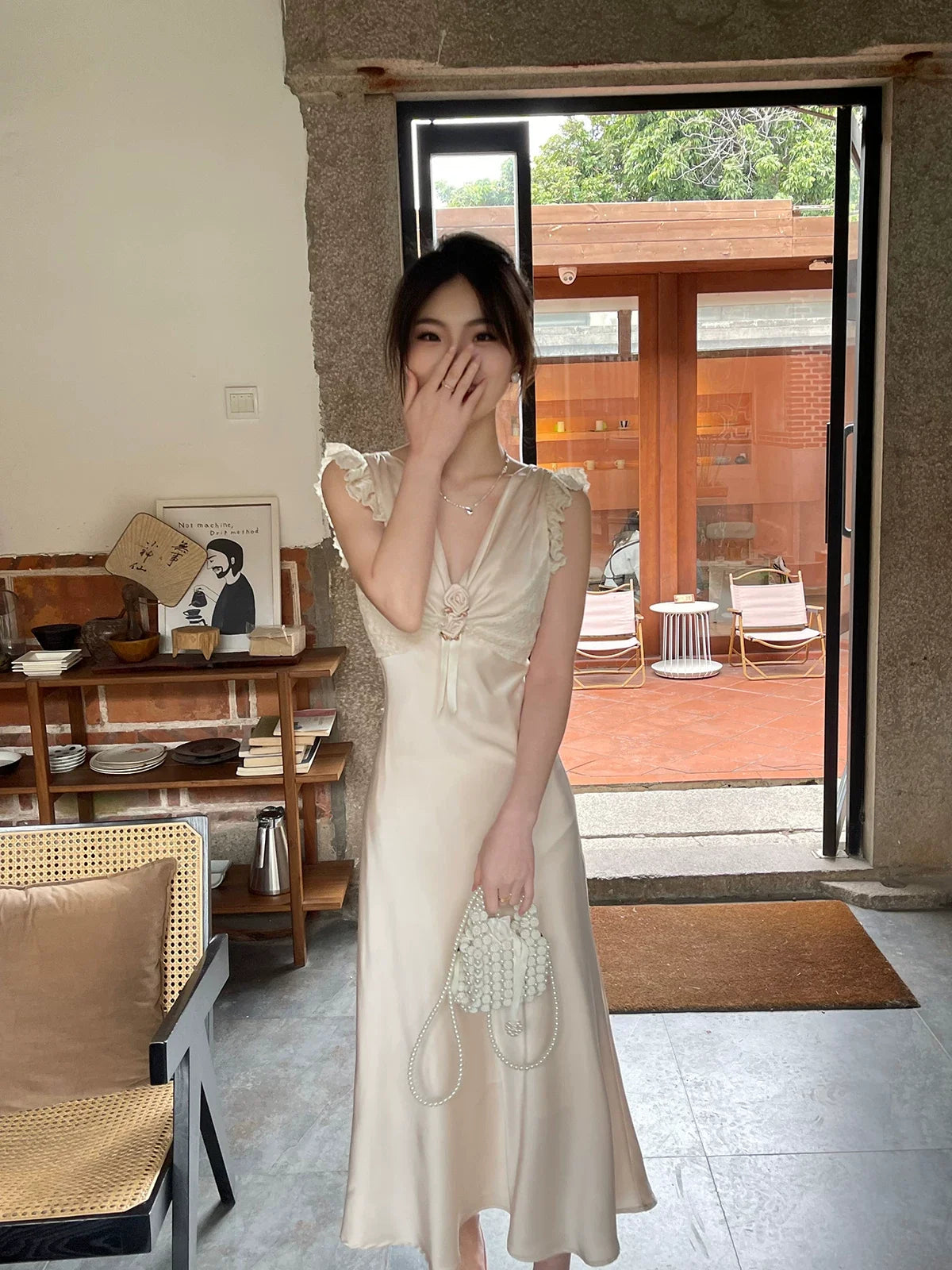 Deep V-Neck Lace Trim Rosette Satin Dress 3