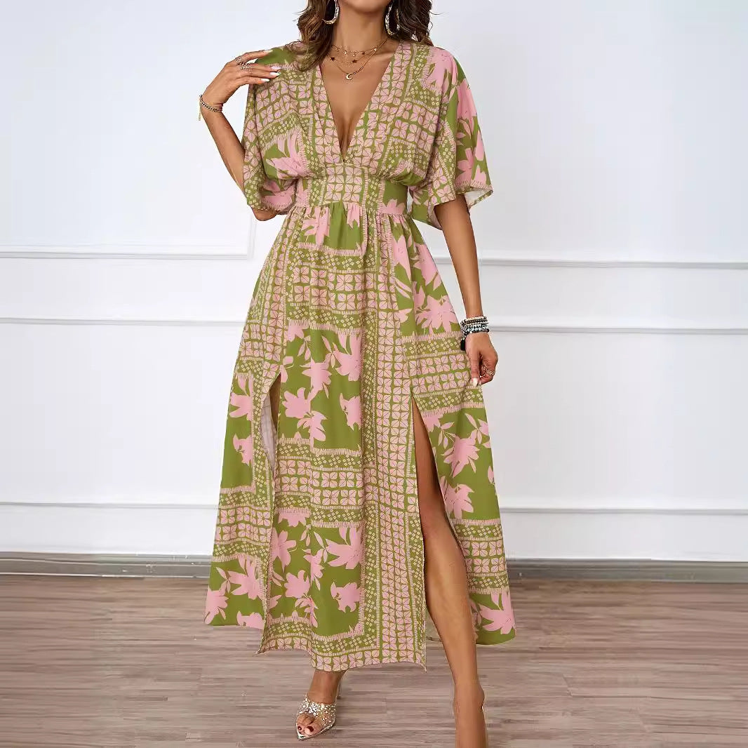 Floral Scarf Print Deep V-Neck Batwing Sleeve Double High Split Maxi Dress
