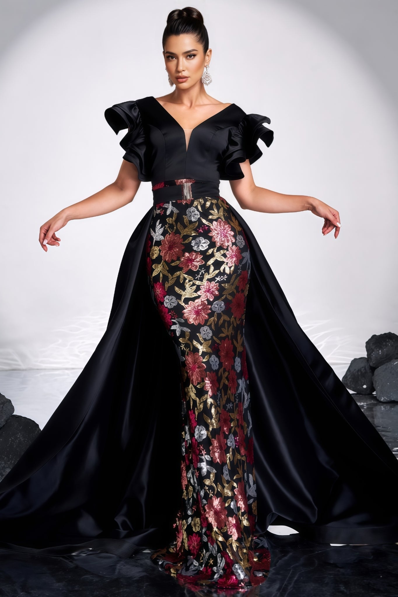 Floral Brocade V-Neck Ruffle Sleeve Mermaid Maxi Gown