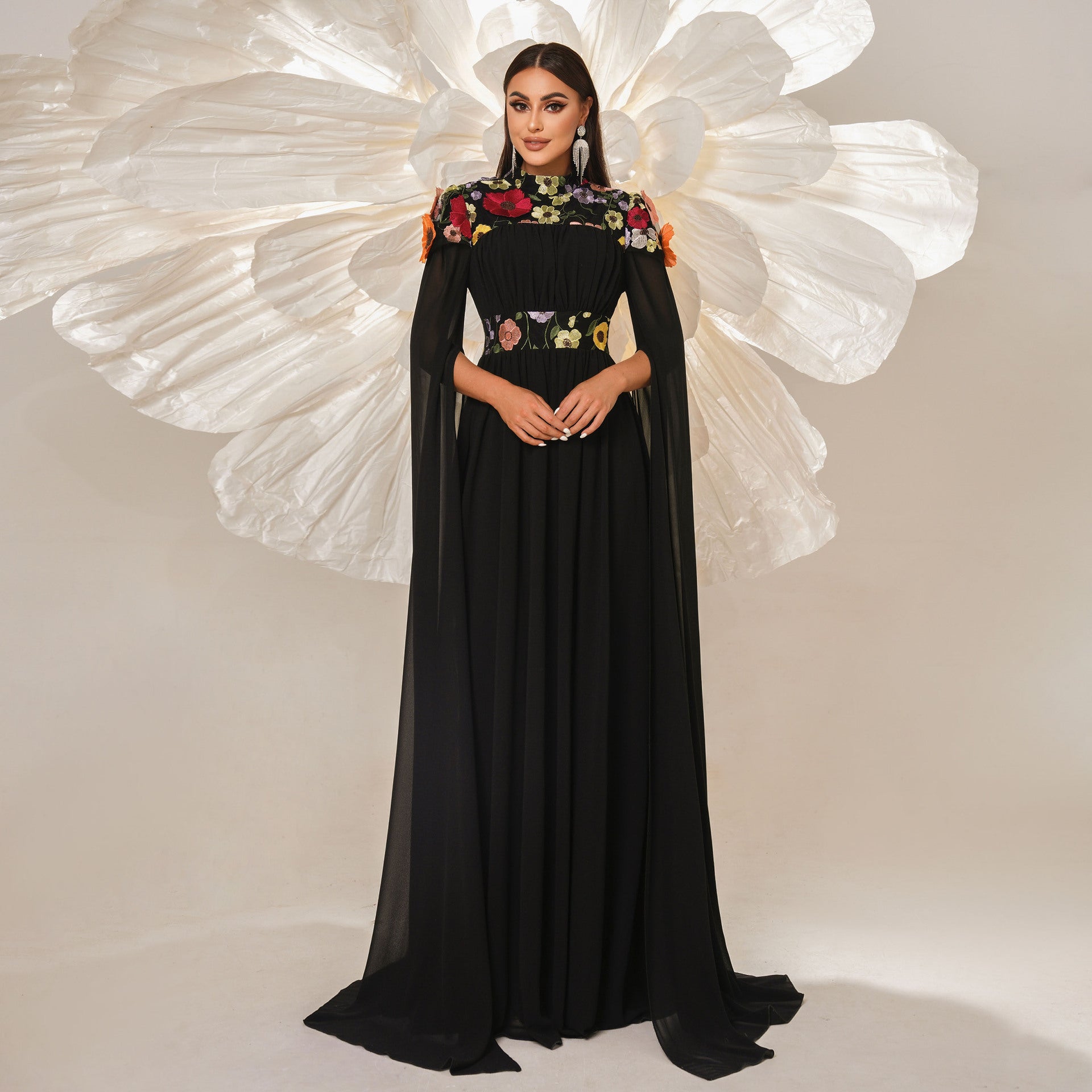 High Neck 3D Floral Applique Cape Sleeve Pleated Chiffon Maxi Gown