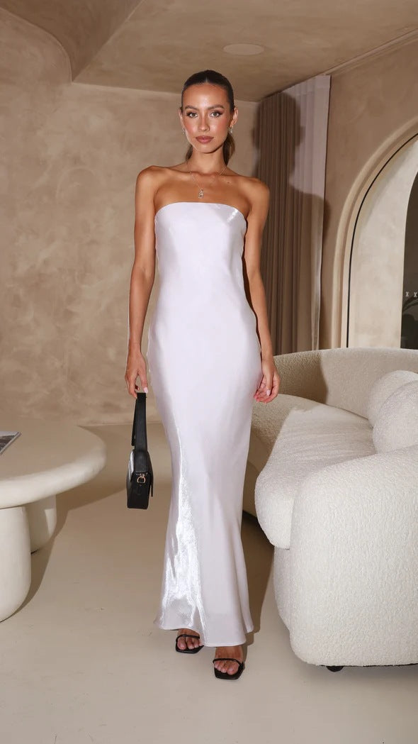 Strapless Bandeau Satin Column Bodycon Maxi Dress