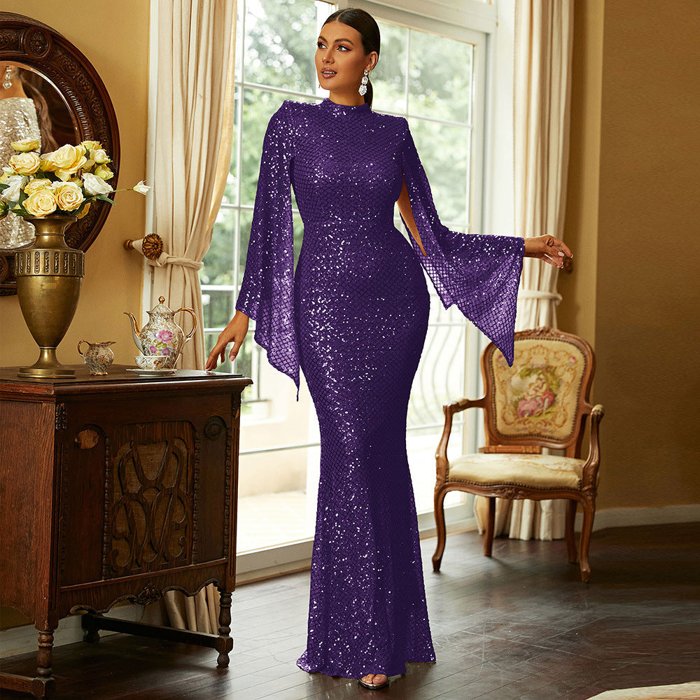 Sequin High Neck Cape Sleeve Mermaid Gown
