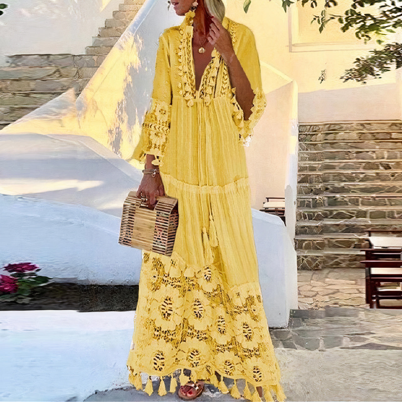 Lace Tassel Trim Flared Cuff Tiered Maxi Summer Dress