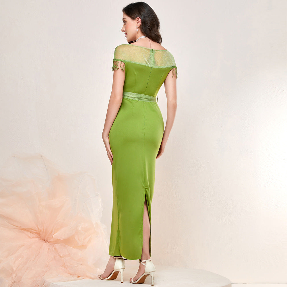 Mesh Yoke Fringe Trim Sash Tie Waist Column Maxi Gown