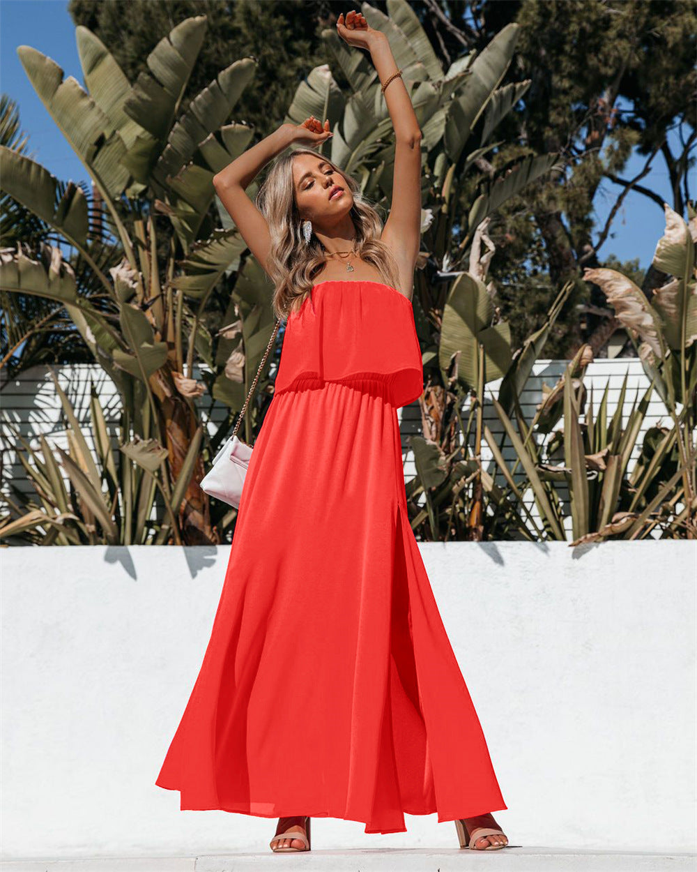 Vivid Strapless Slit Maxi Dress Bright Orange
