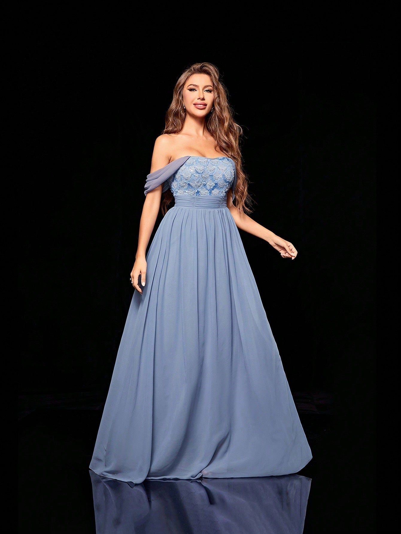 Off Shoulder Lace Bodice Pleated Chiffon A-Line Maxi Dress