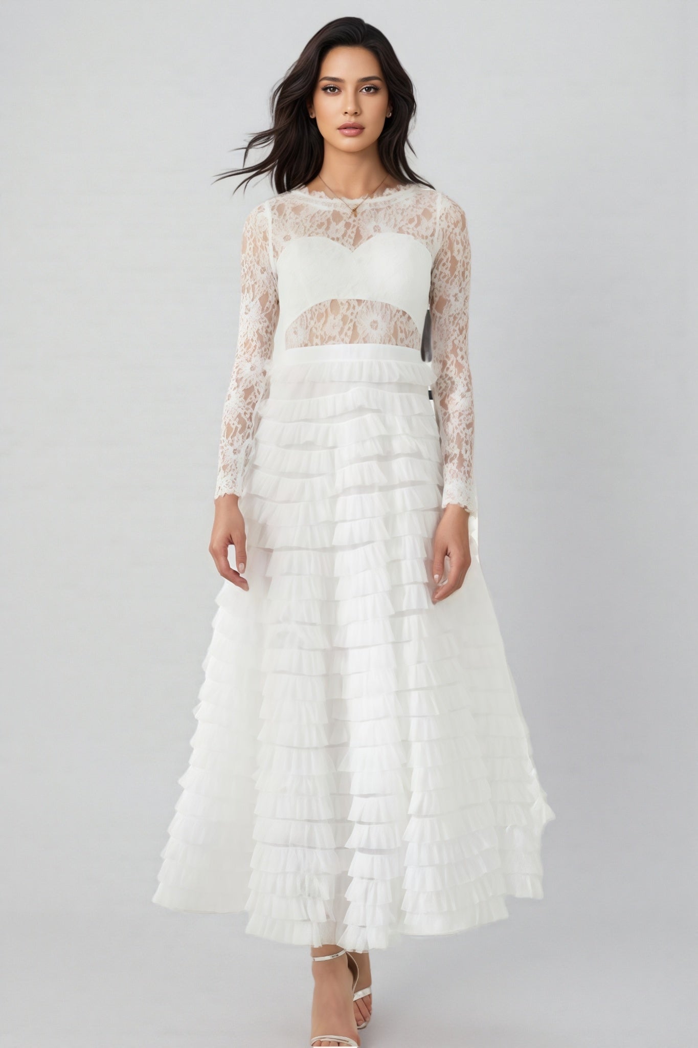 Yuio White Hollow Lace A-line Maxi Dress - View 2