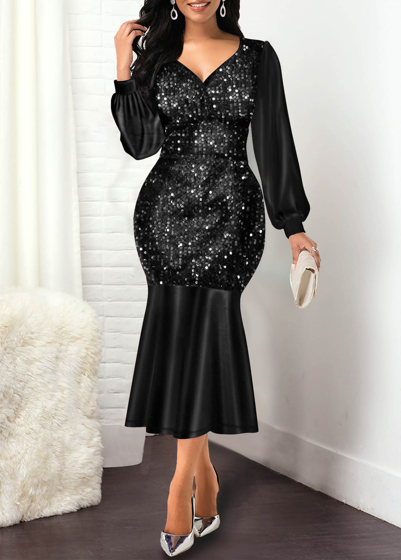 Sequin Deep V-Neck Bishop Sleeve Mermaid Trumpet Hem Midi Dress - View 6
