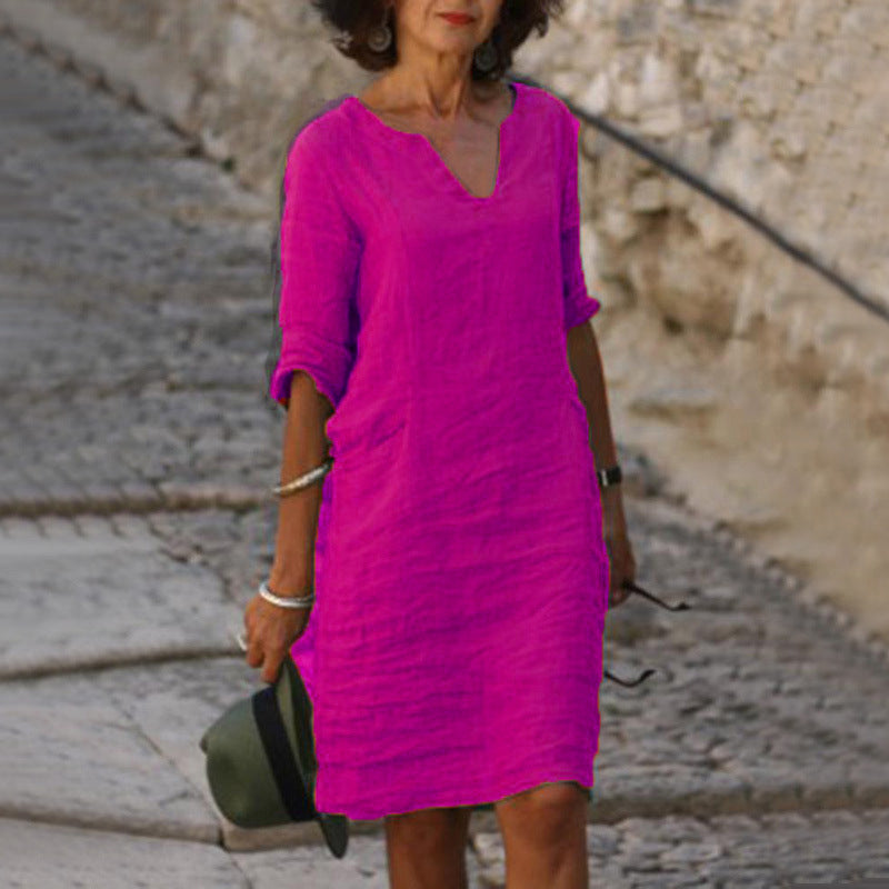 Split Neck Short Sleeve Pocket Shift Midi Dress 12