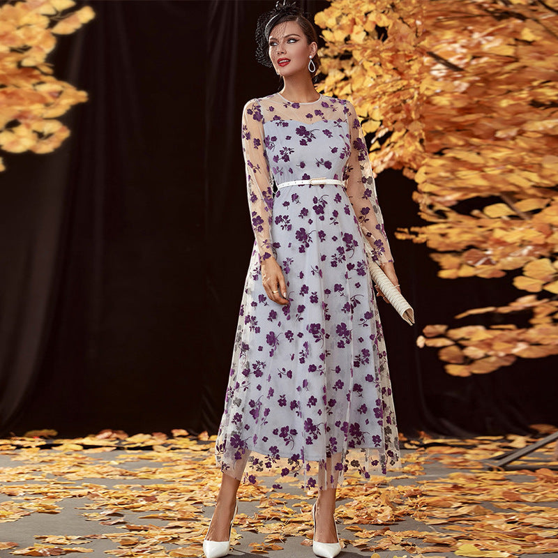 Floral Embroidered Mesh Round Neck Long Sleeve Belted A-Line Maxi Dress 4