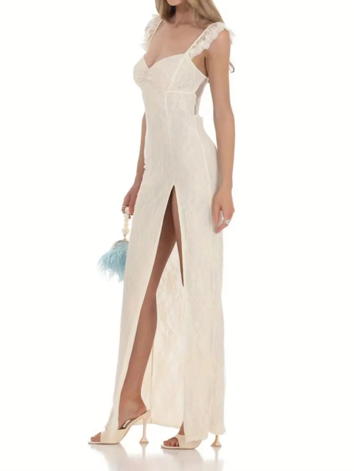 Lace Flutter Strap Sweetheart High Split Maxi Gown