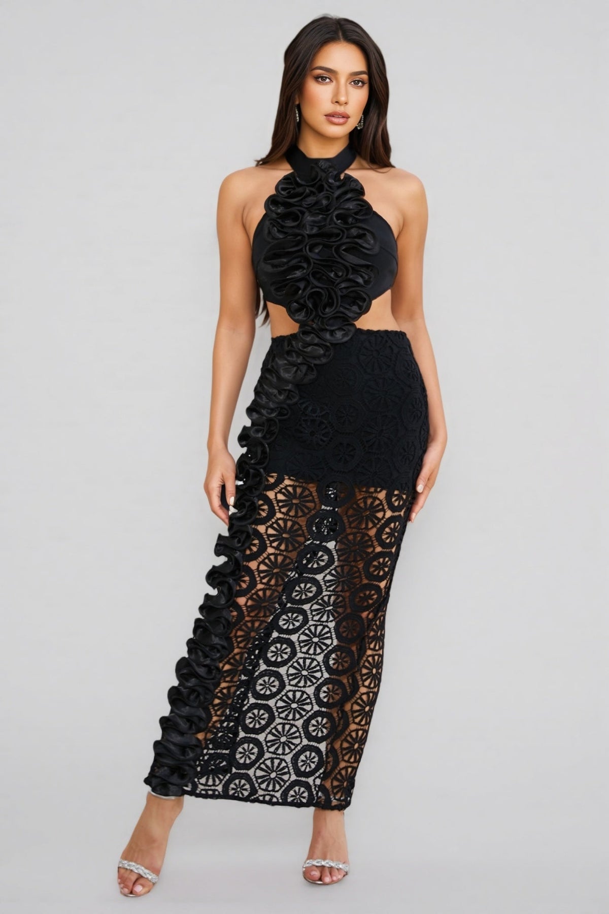 Halter Neck Ruffle Trim Cut Out Crochet Lace Maxi Dress