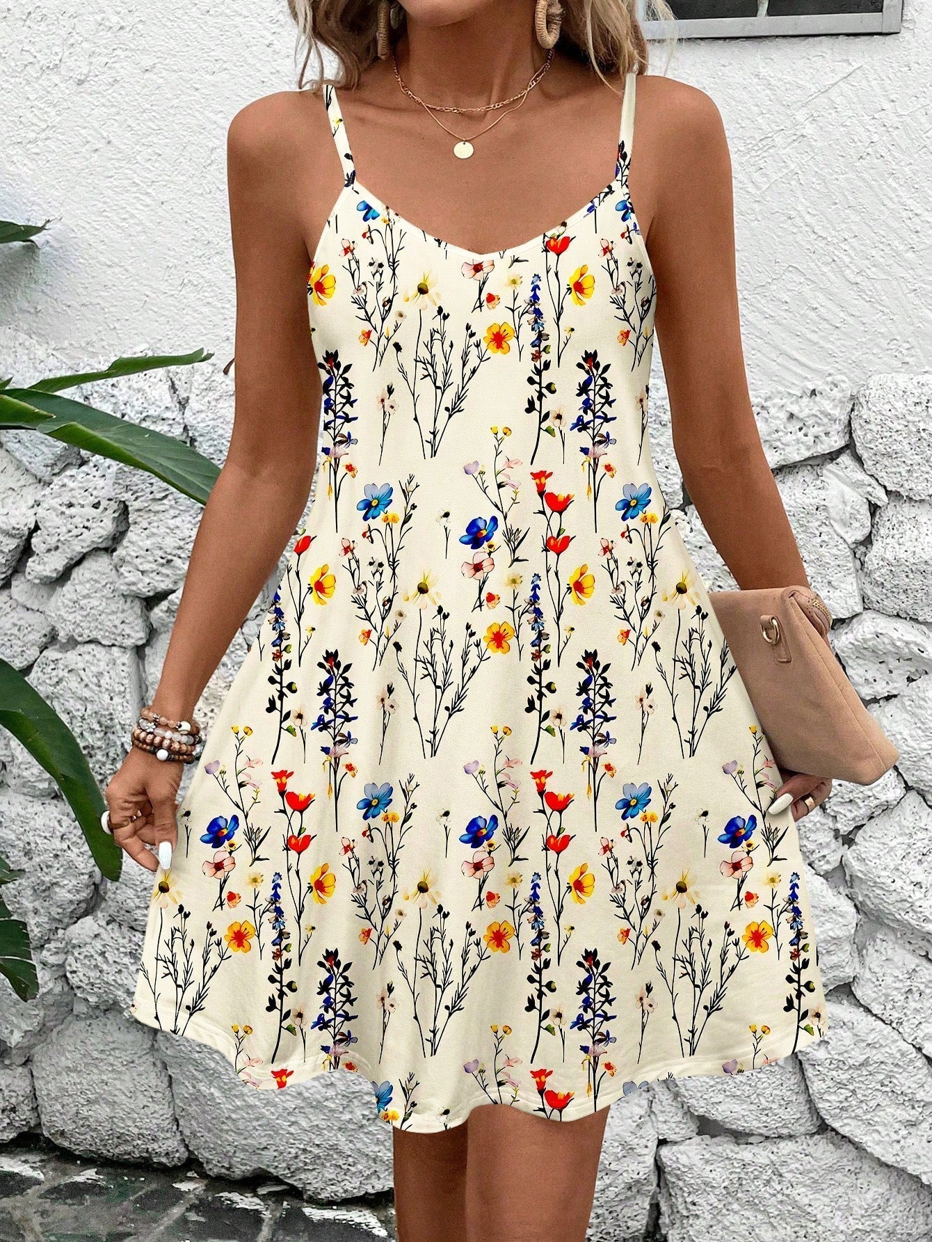 Floral Print Spaghetti Strap V-Neck A-Line Mini Dress