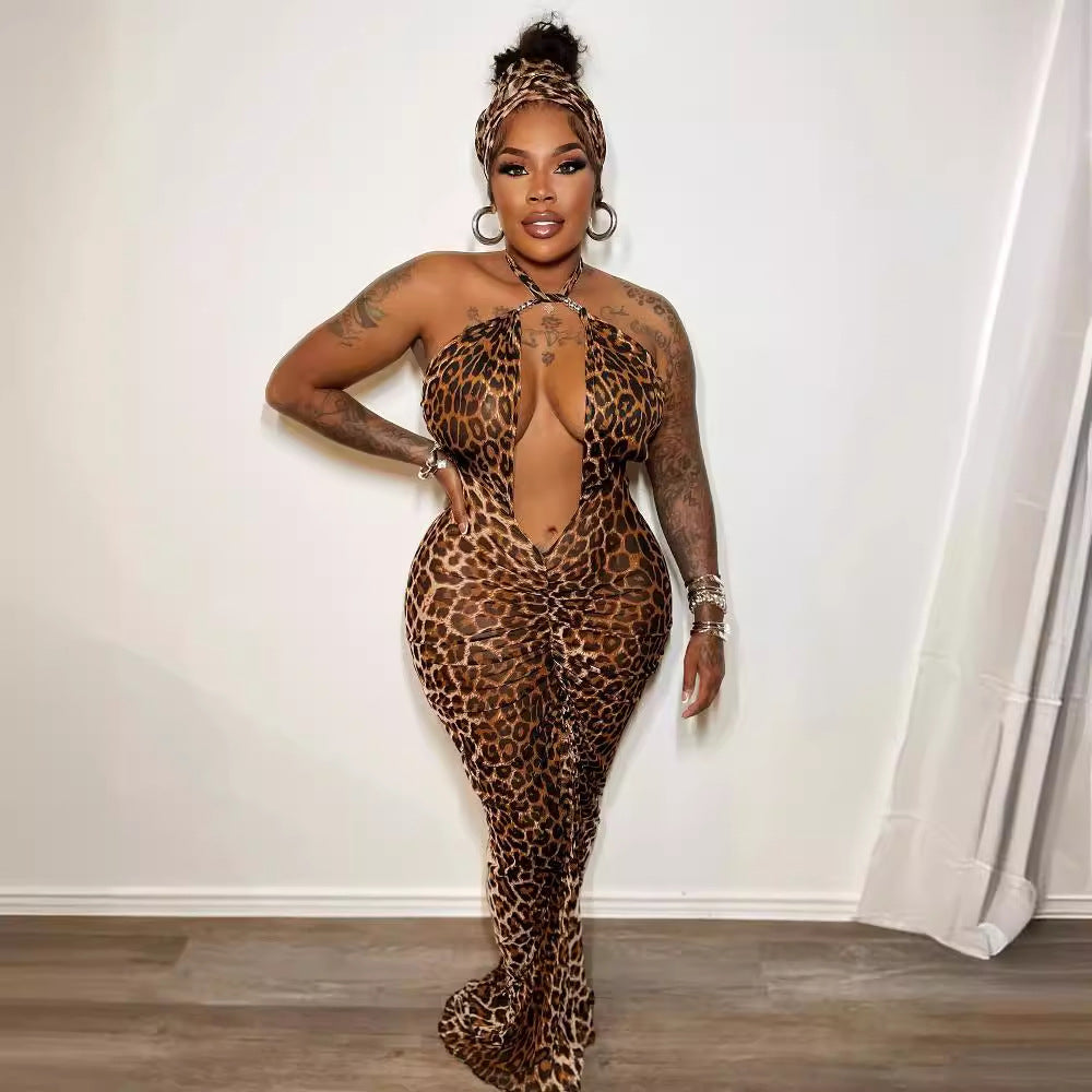 Leopard Print Cross Halter Plunge Cut Out Ruched Bodycon Maxi Dress