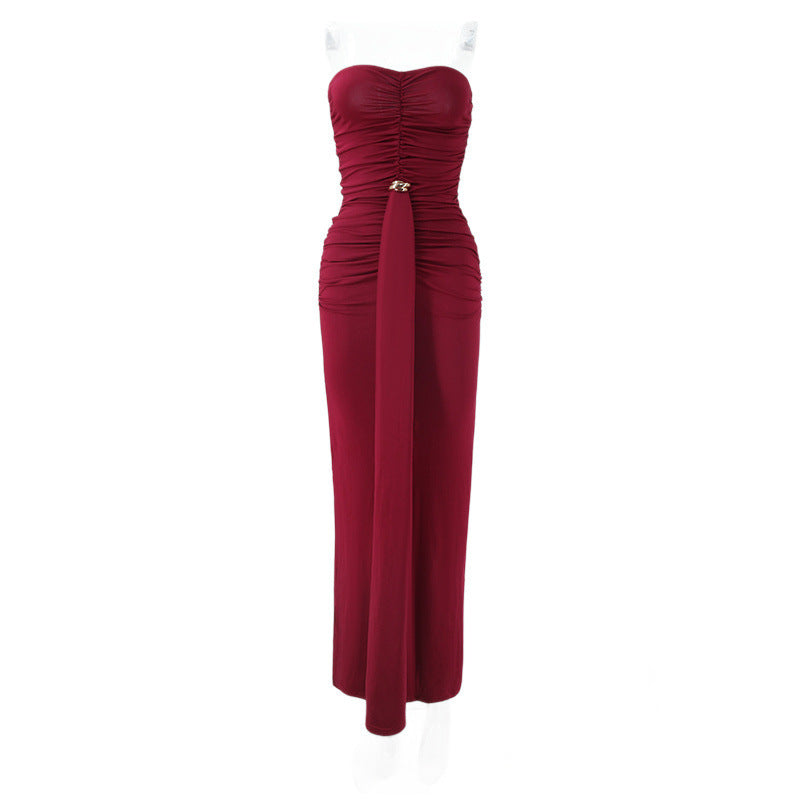 Strapless Sweetheart Ruched Draped Front Maxi Gown with Gold Hardware 6