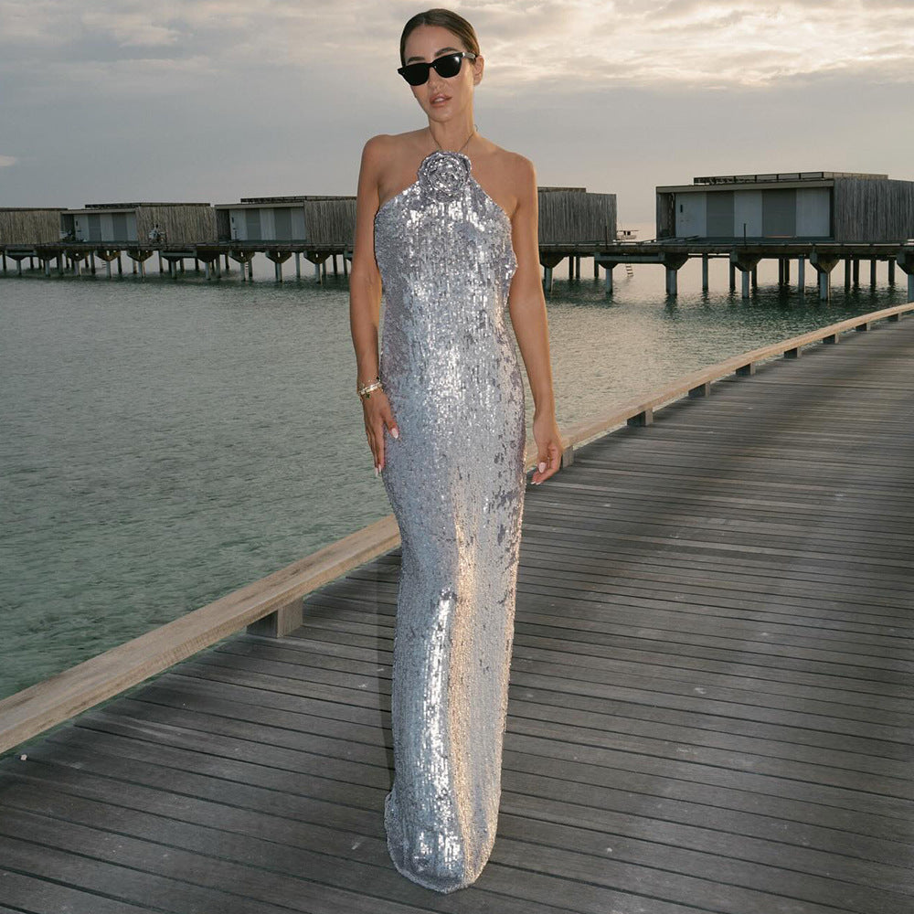 Sequin Halter Neck Rosette Detail Column Maxi Gown