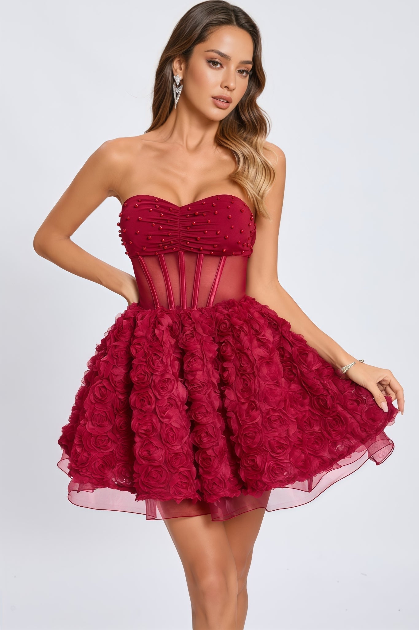 Beaded Strapless Corset 3D Rose Tulle Mini Dress