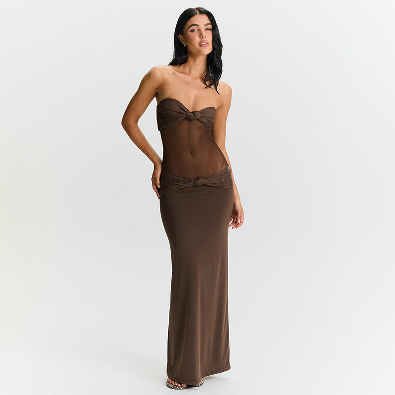 Strapless Sweetheart Mesh Midriff Cut Out Knot Detail Bodycon Maxi Dress