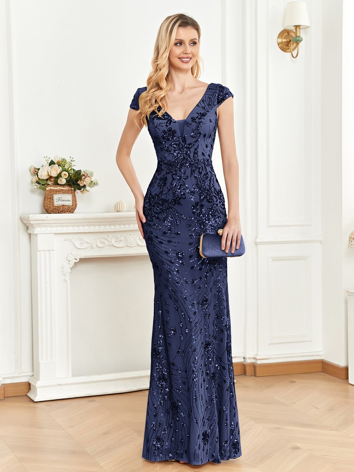 Sequin V-Neck Cap Sleeve Mermaid Evening Gown
