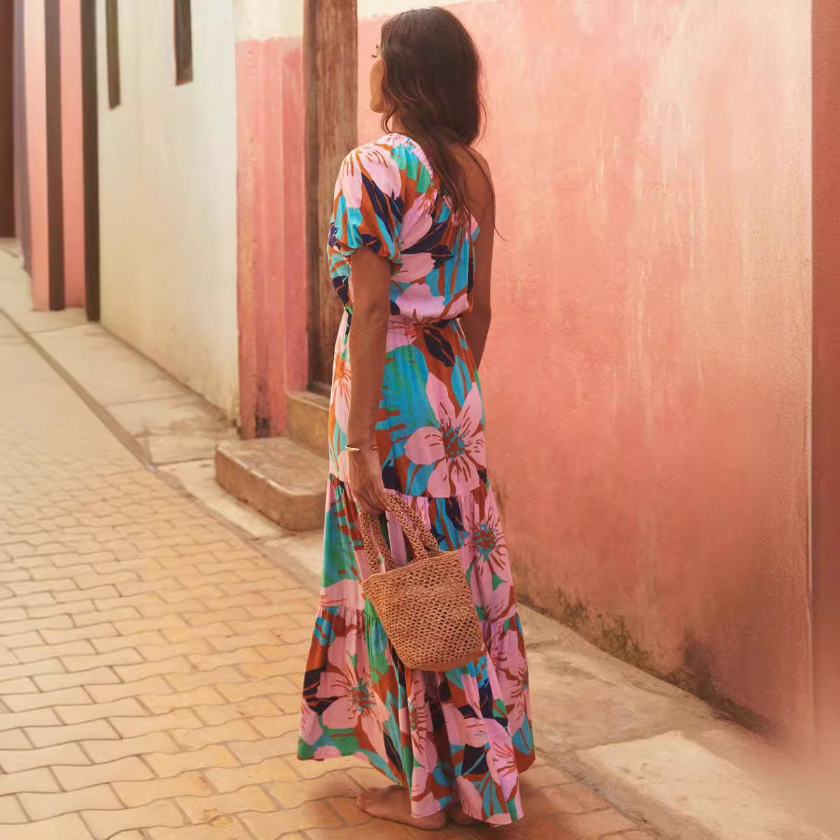 Casual Oblique Collar Floral Lace up off Shoulder Dress for