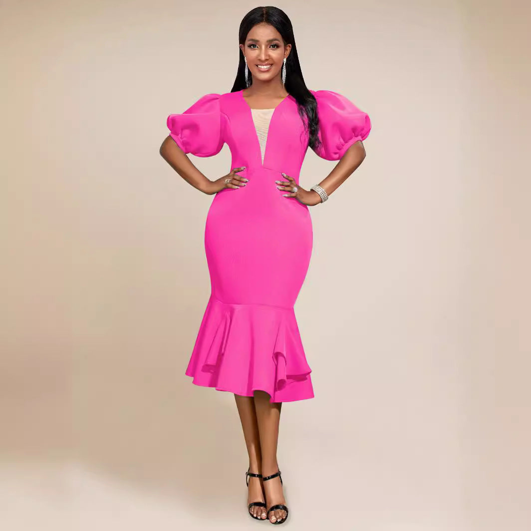 Puff Sleeve Illusion V-Neck Bodycon Ruffle Hem Mermaid Midi Dress