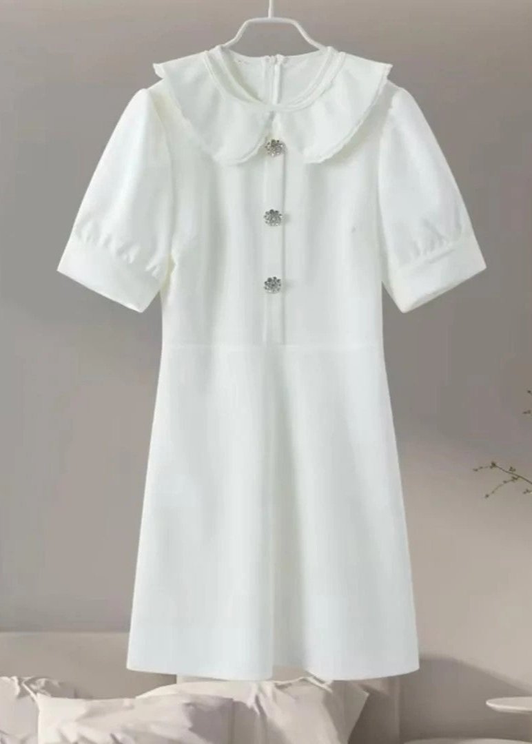 Pearl Button Peter Pan Collar Puff Sleeve A-Line Mini Dress