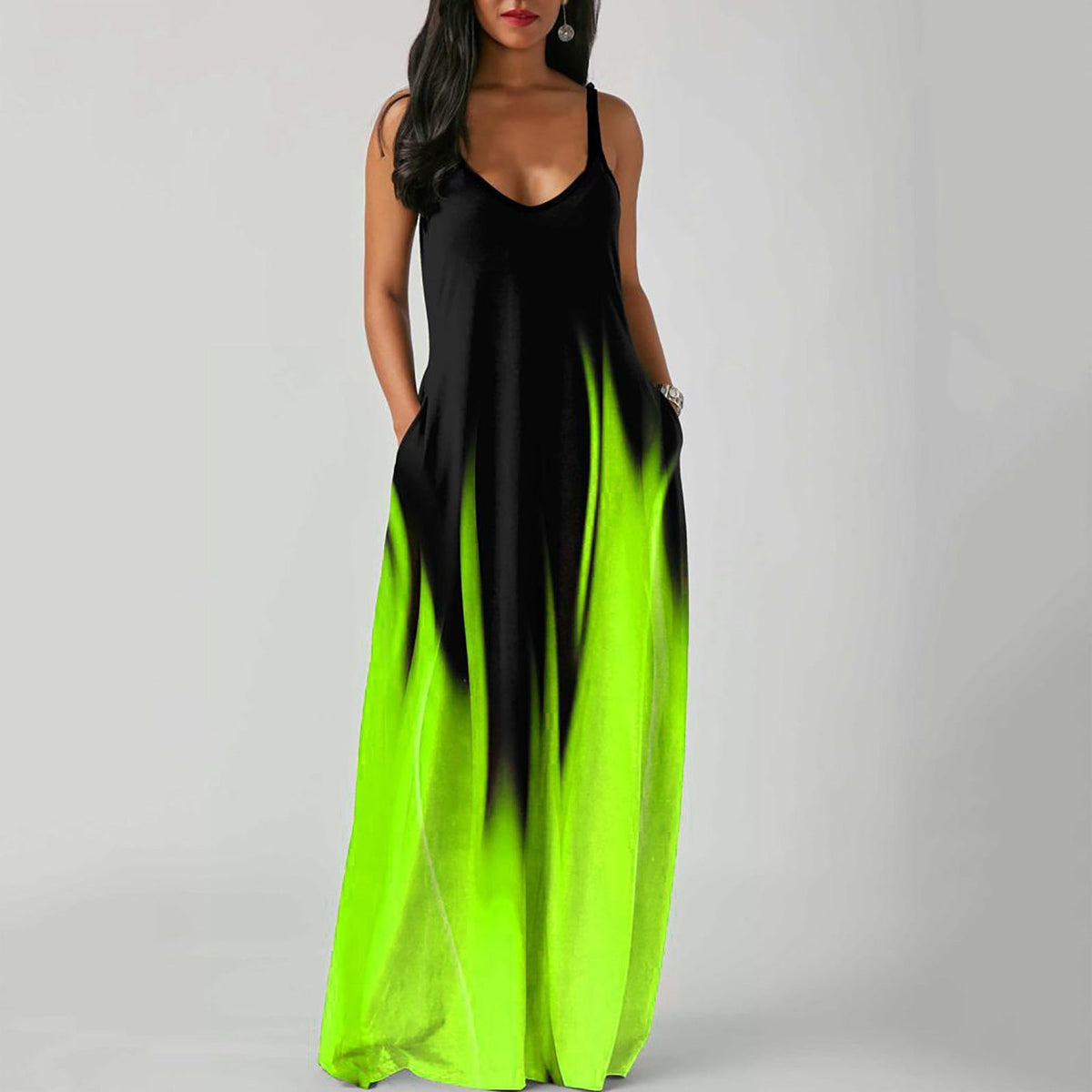 V-Neck Spaghetti Strap Ombre Pocket Loose Maxi Dress 10