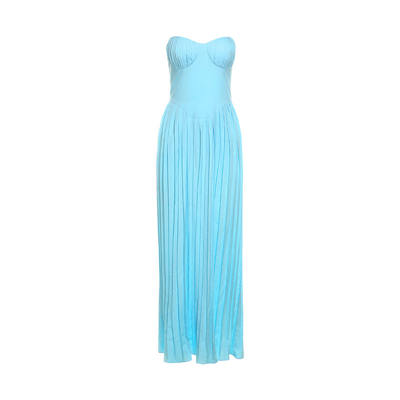 Refined V Neck Pleated Dress Tube Top Maxi Dress Slim Fit Backless