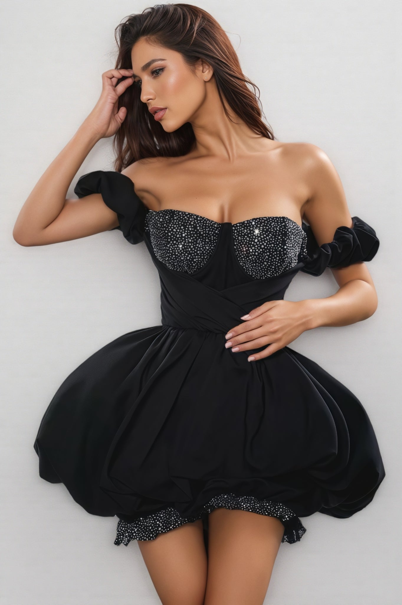Xavias Black Rhinestone Strapless Mini Dress - View 2