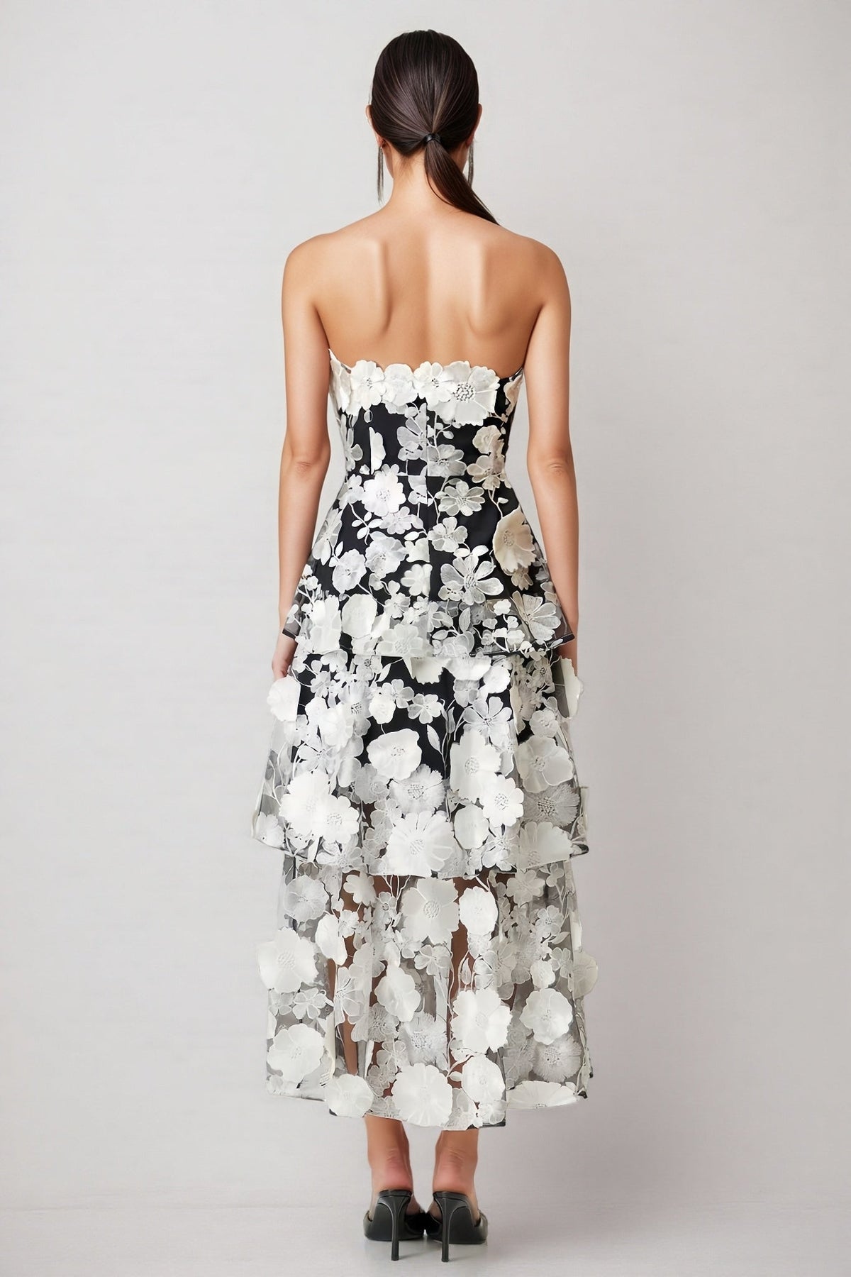 Strapless 3D Floral Applique Sheer Mesh Tiered Midi Dress 3