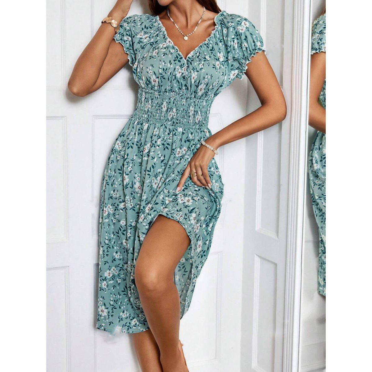 Floral V-Neck Short Sleeve Smocked Waist Fit and Flare Midi Dress