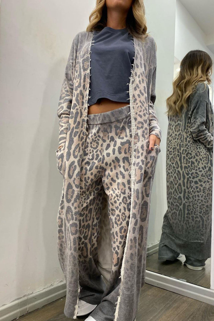 Leopard Print Long Sleeve Cardigan and Pants Set