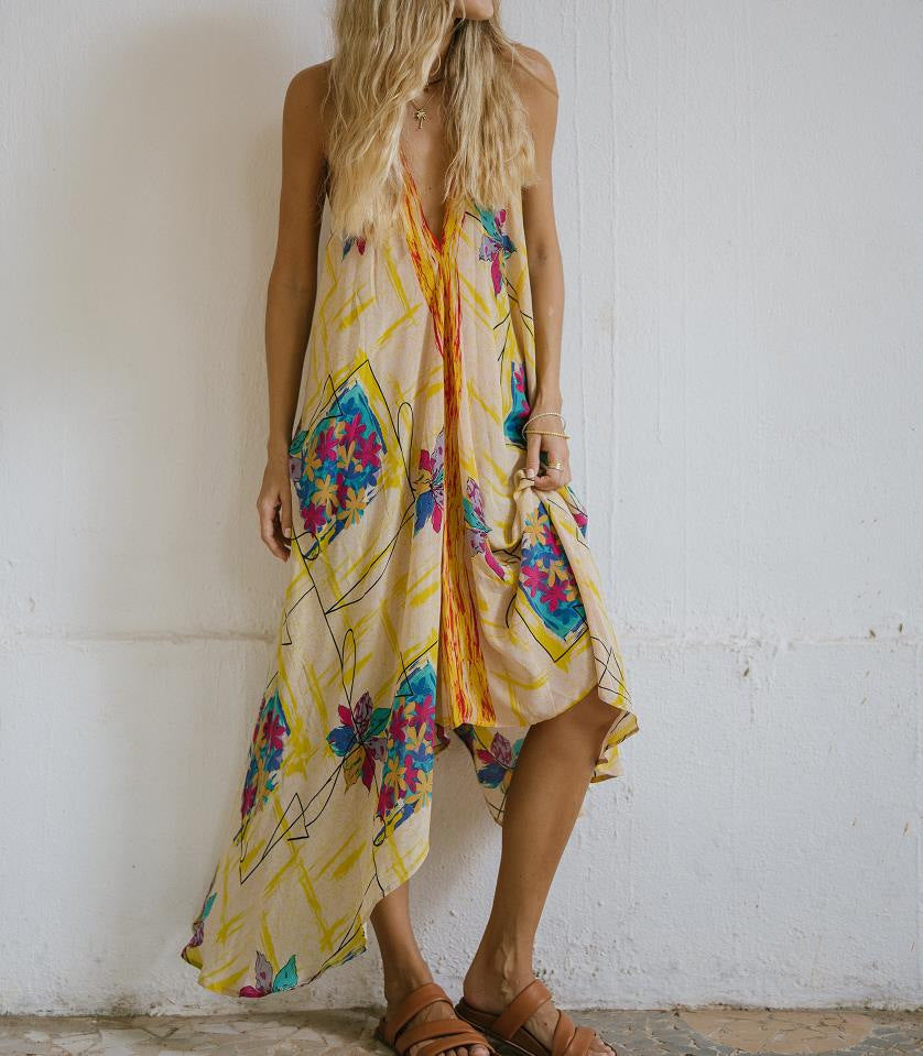 Tie Dye Deep V-Neck Sleeveless Backless Asymmetric Hem Midi Dress 13