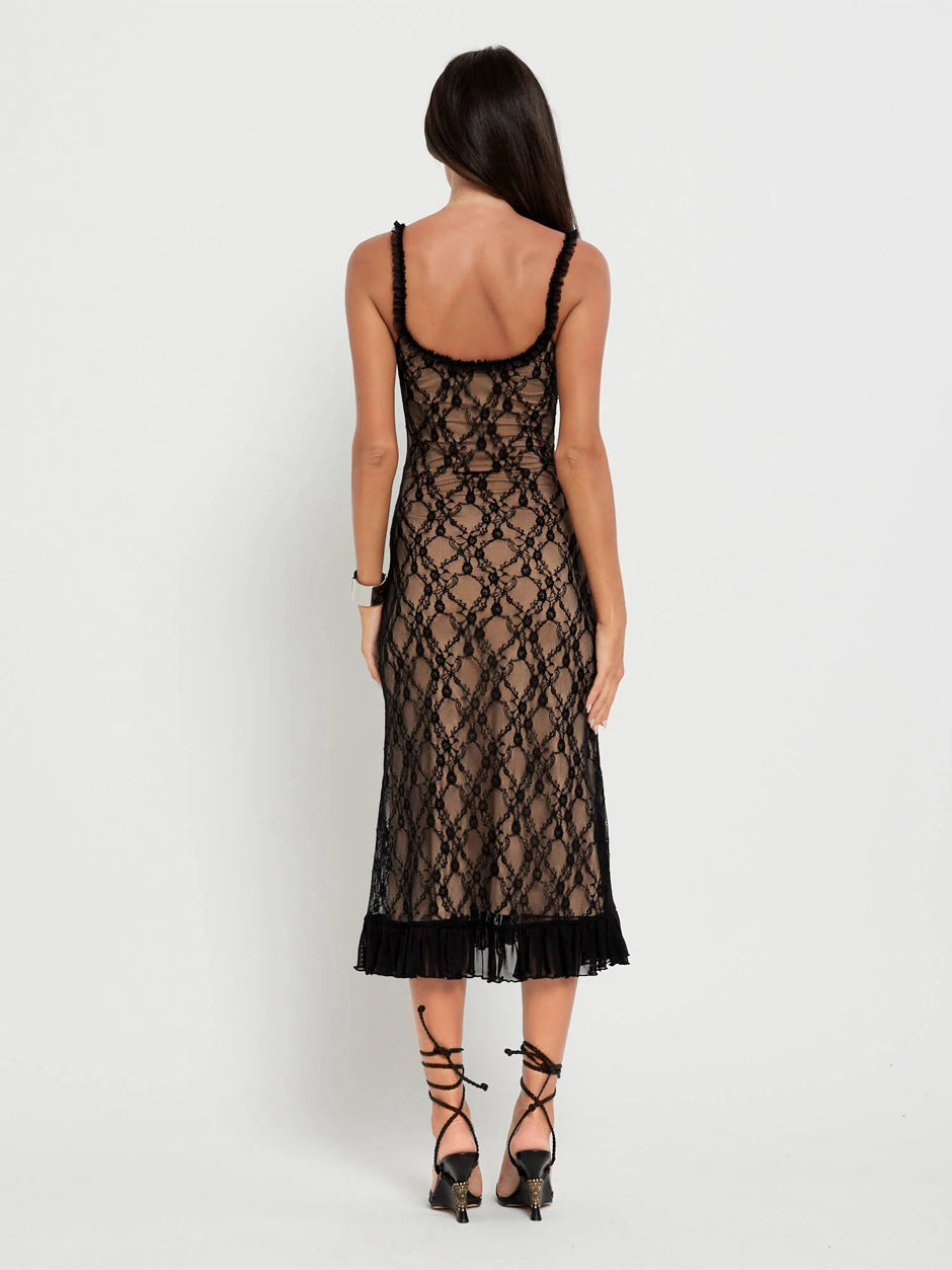 Lace Spaghetti Strap Scoop Neck Bow Trim Ruffle Hem Midi Summer Dress