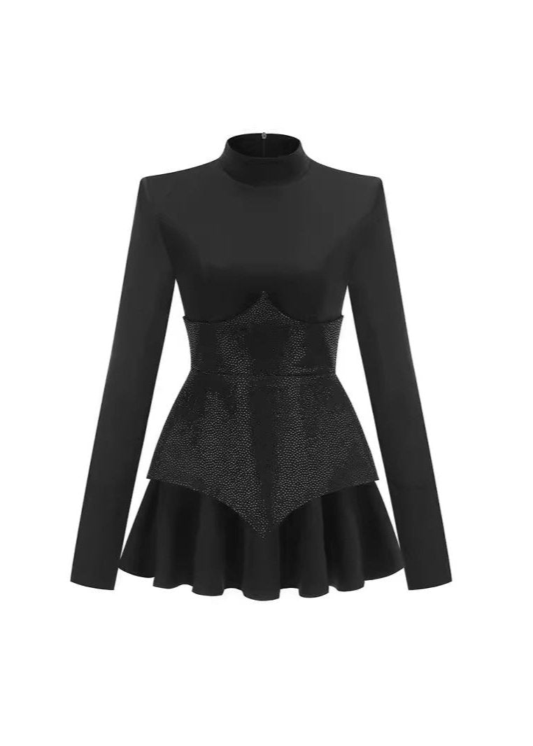 Faux Two Piece Sequin Corset Long Sleeve Tiered Mini Dress