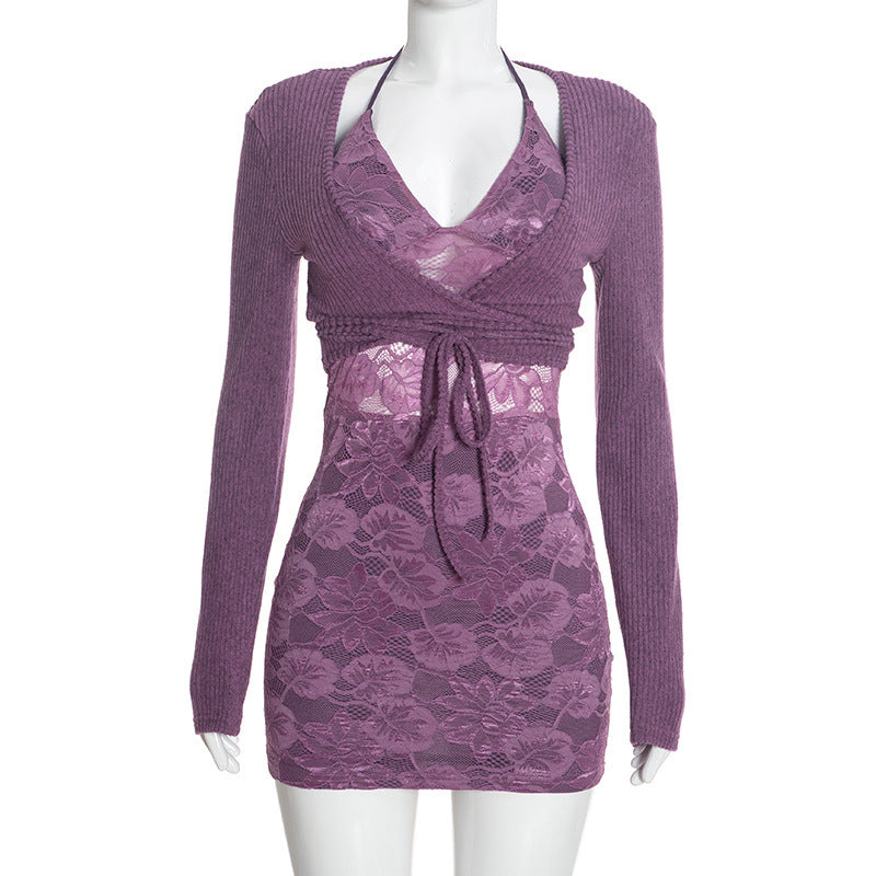 Lace Halter Bodycon Mini Dress and Tie Front Rib Knit Shrug Two Piece Set 4