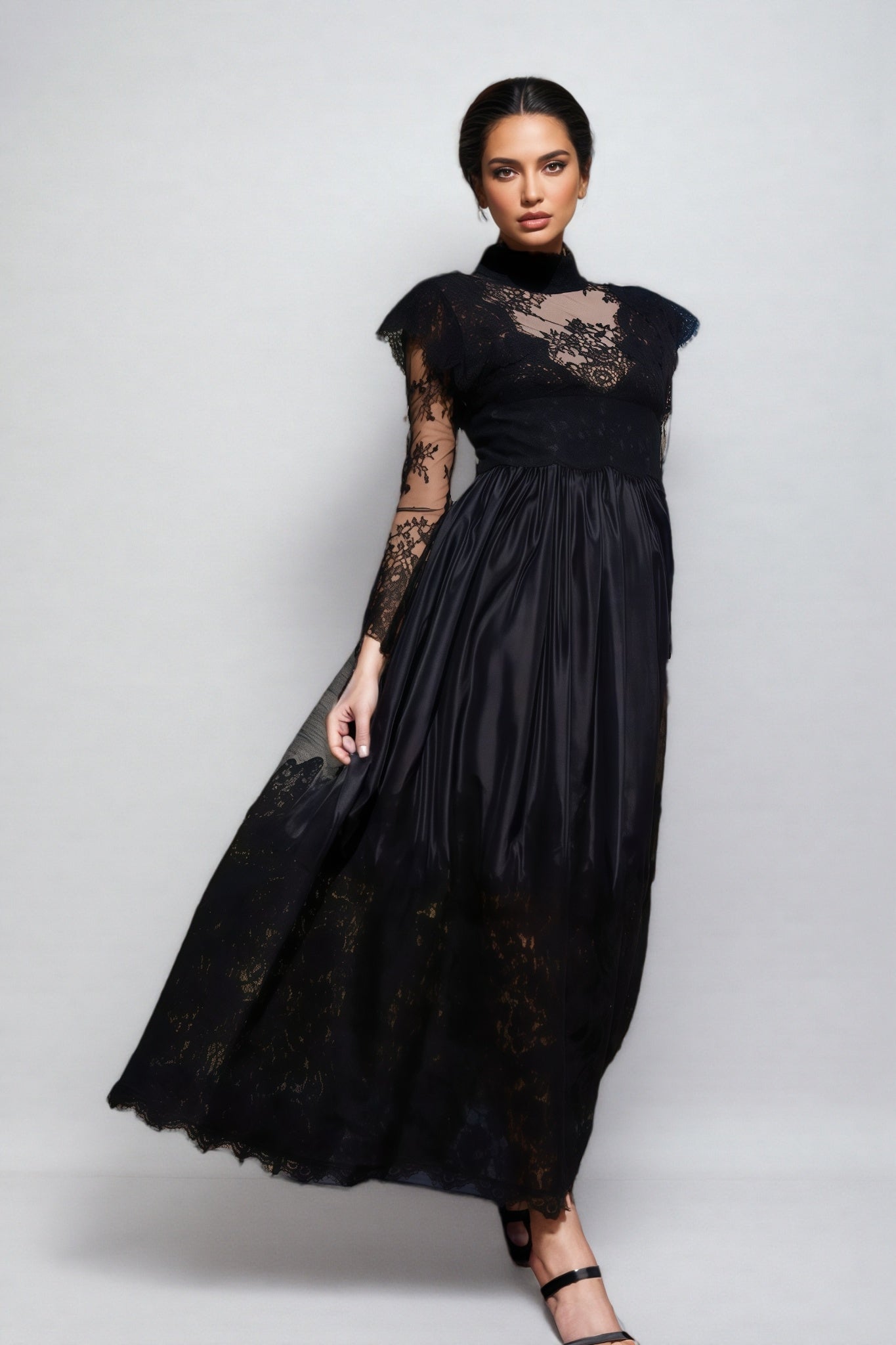 Milda Black Floral Lace Stitching Maxi Dress - View 2