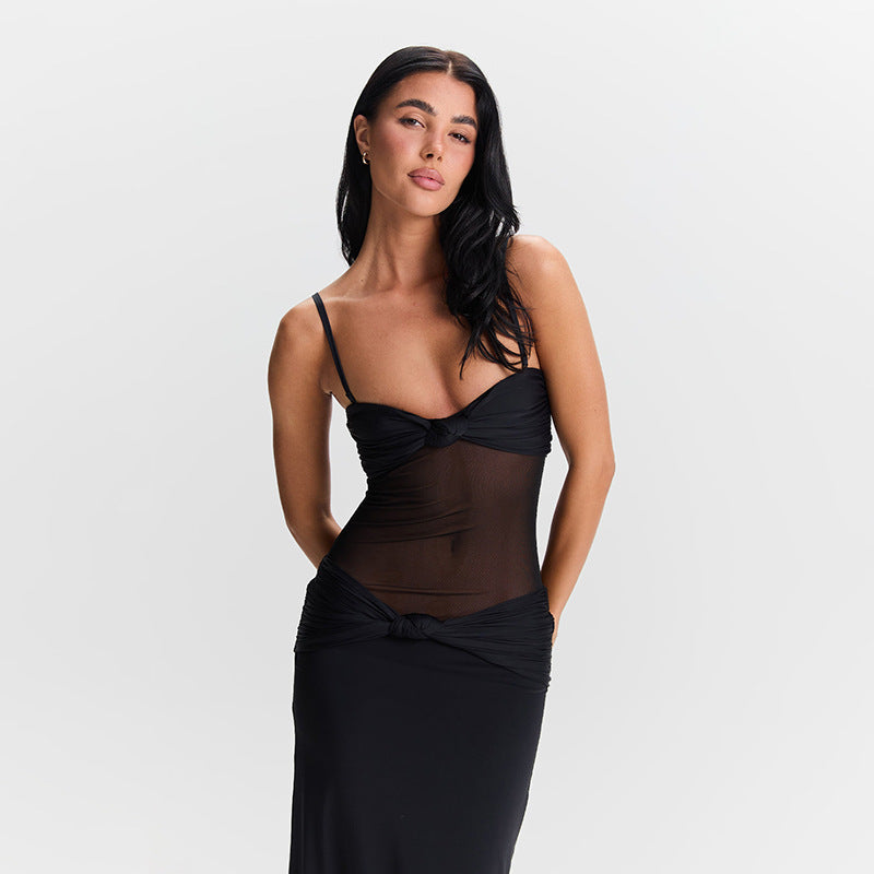 Strapless Sweetheart Mesh Midriff Cut Out Knot Detail Bodycon Maxi Dress