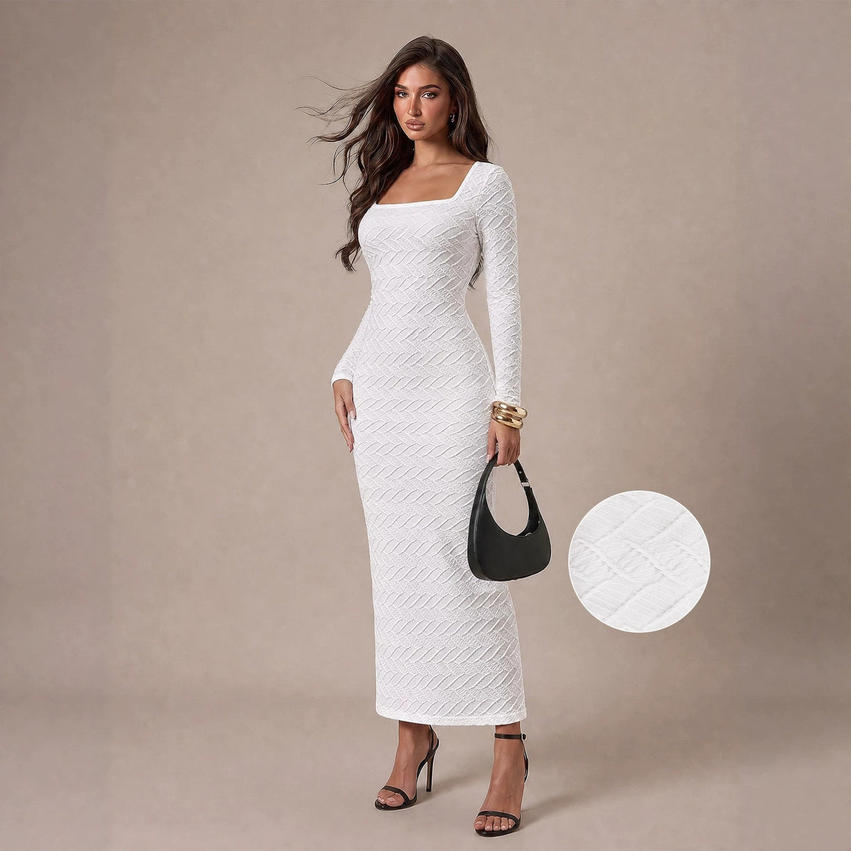 Textured Knit Square Neck Long Sleeve Bodycon Maxi Dress