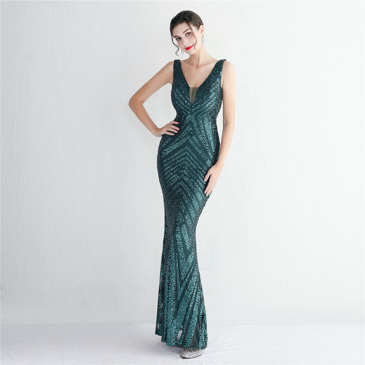 Chevron Sequin V-Neck Sleeveless Mermaid Evening Gown 10