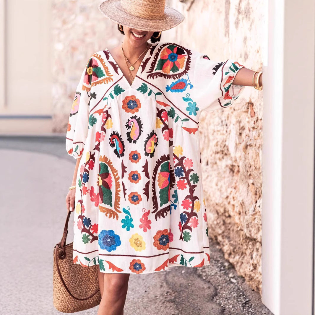 Summer Positioning Printing Loose Women Short Sleeve Mini Dress
