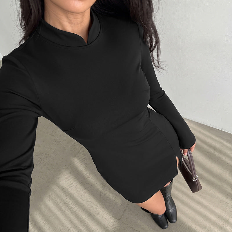 Mandarin Collar Long Sleeve Side Split Bodycon Mini Dress 2