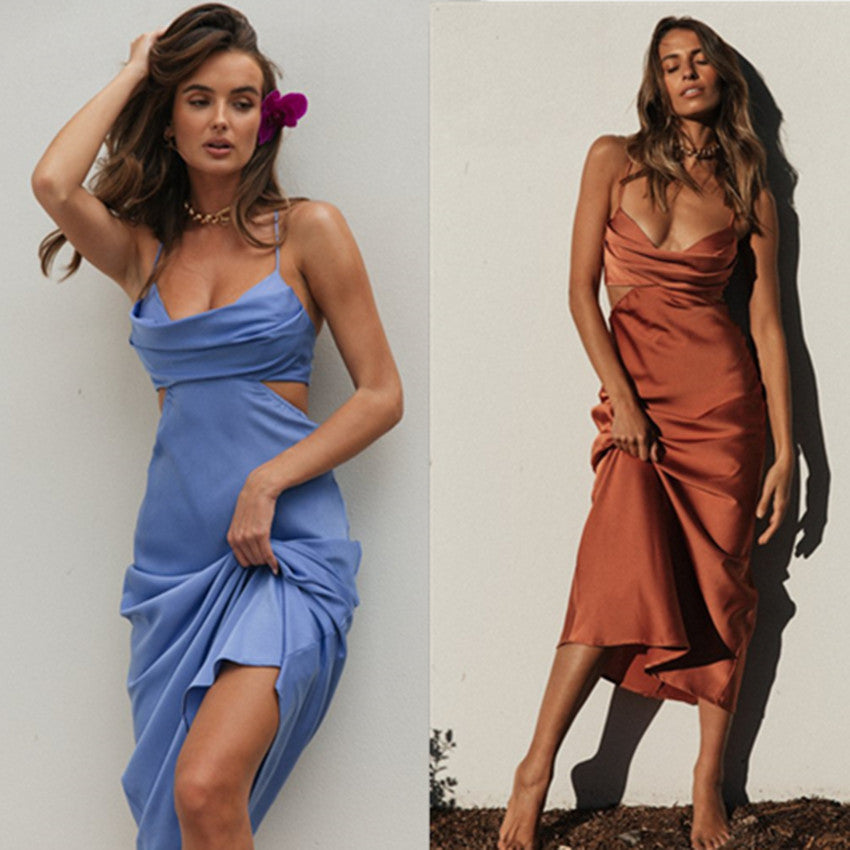 Satin Cowl Neck Spaghetti Strap Side Cut Out Midi Slip Dress 2